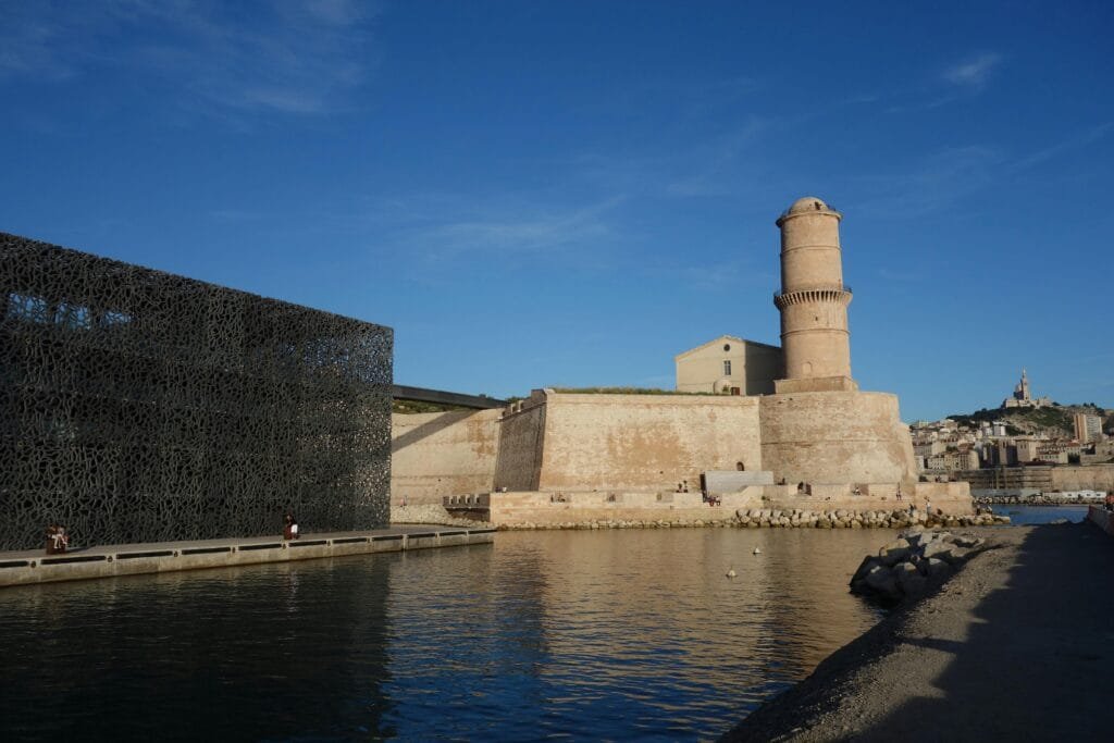 Mucem museum and Fort Saint-Jean in Marseille with Mediterranean backdrop
